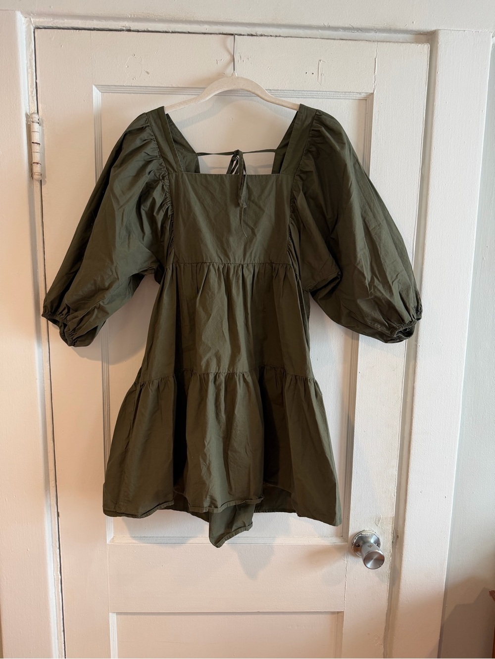 100% Cotton Puff Sleeve Tiered Tie Back Dress